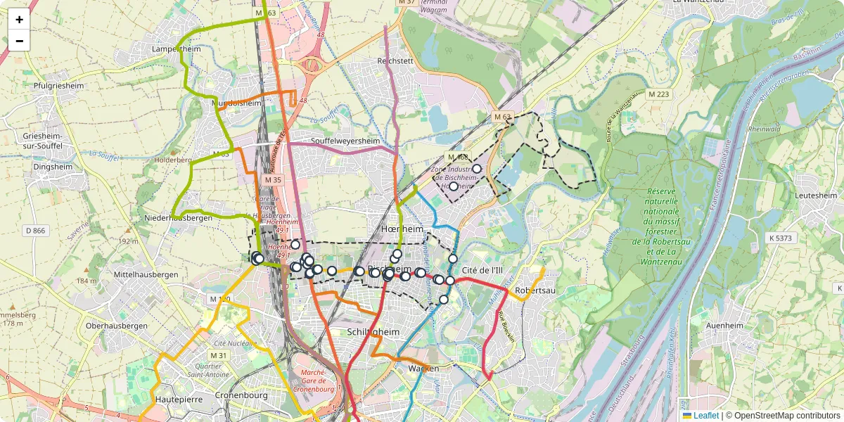 Carte du réseau de transport en commun à Bischheim - lignes de bus et arrêts