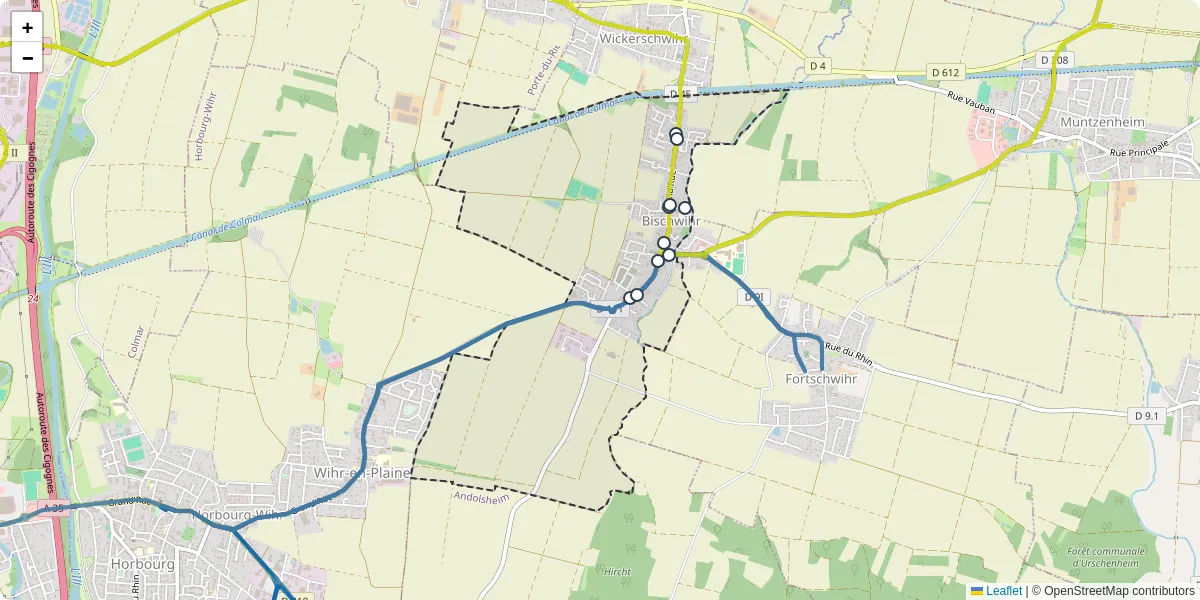 Carte du réseau de transport en commun à Bischwihr - lignes de bus et arrêts