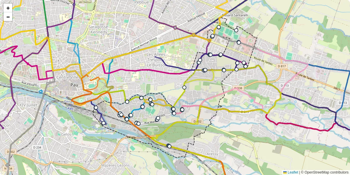 Carte du réseau de transport en commun à Bizanos - lignes de bus et arrêts