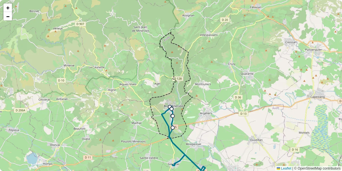 Carte du réseau de transport en commun à Bize-Minervois - lignes de bus et arrêts