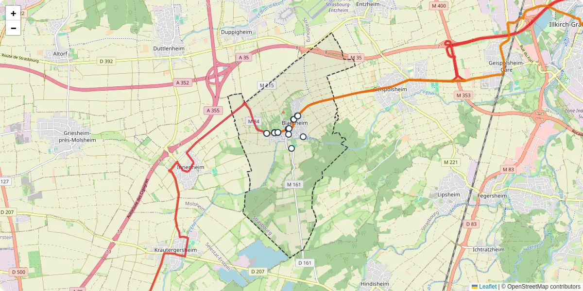 Carte du réseau de transport en commun à Blaesheim - lignes de bus et arrêts