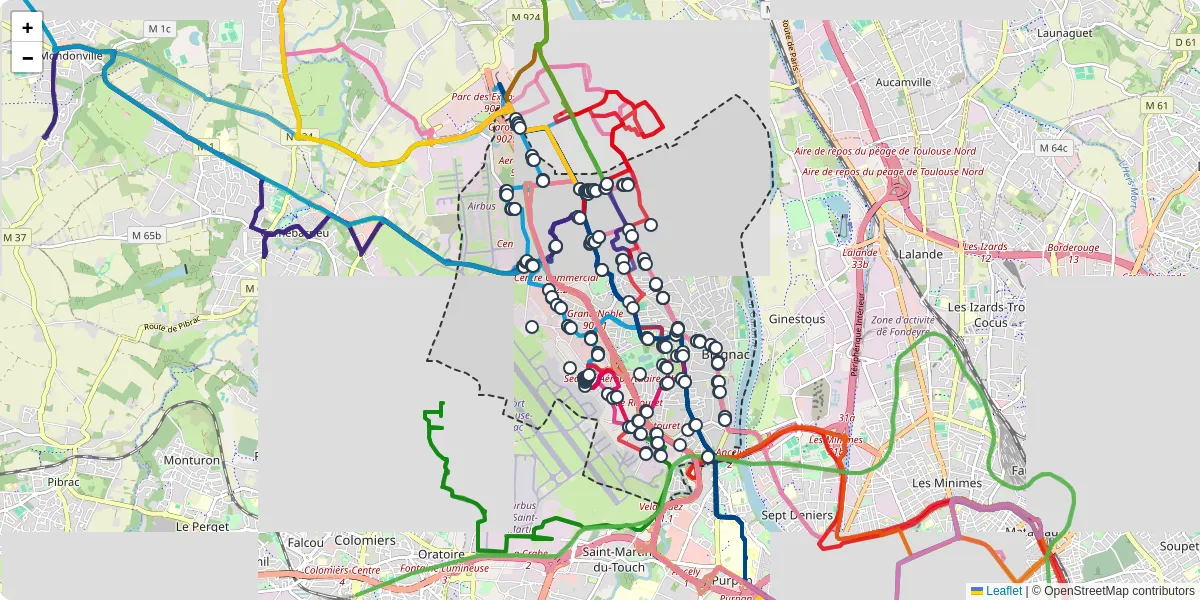 Carte du réseau de transport en commun à Blagnac - lignes de bus et arrêts