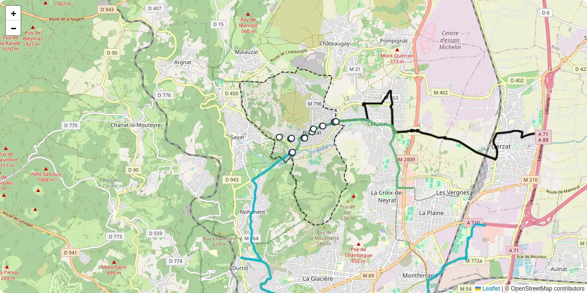 Carte du réseau de transport en commun à Blanzat - lignes de bus et arrêts
