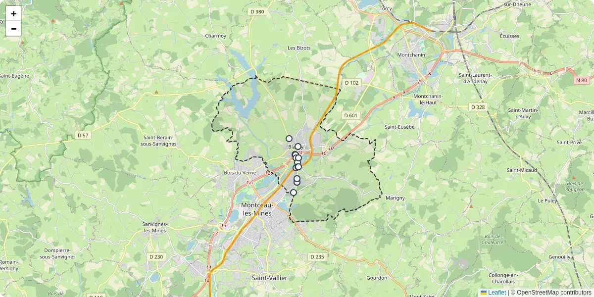 Carte du réseau de transport en commun à Blanzy - lignes de bus et arrêts