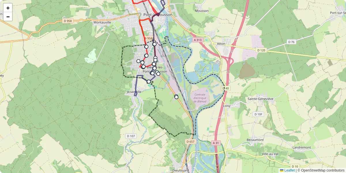 Carte du réseau de transport en commun à Blénod-lès-Pont-à-Mousson - lignes de bus et arrêts