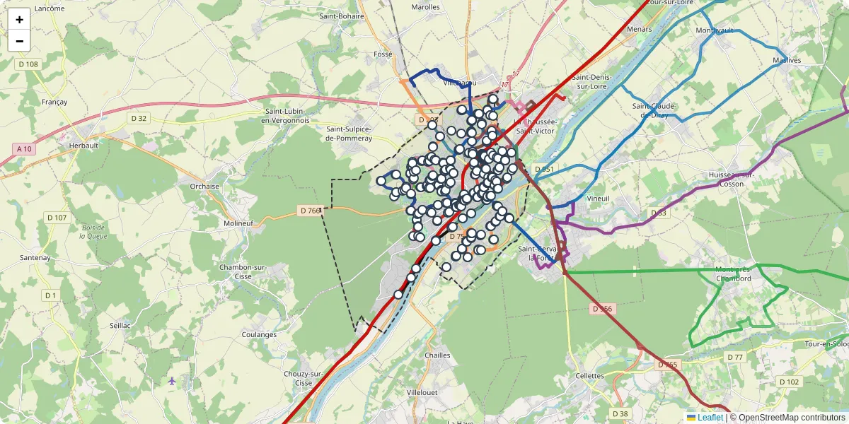 Carte du réseau de transport en commun à Blois - lignes de bus et arrêts