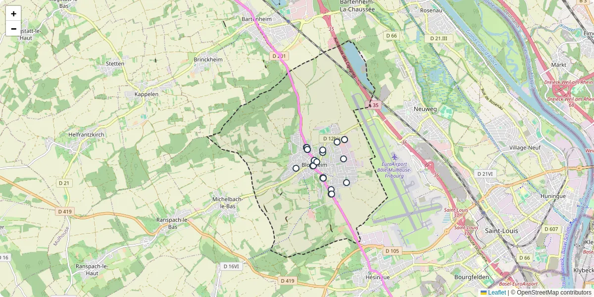 Carte du réseau de transport en commun à Blotzheim - lignes de bus et arrêts
