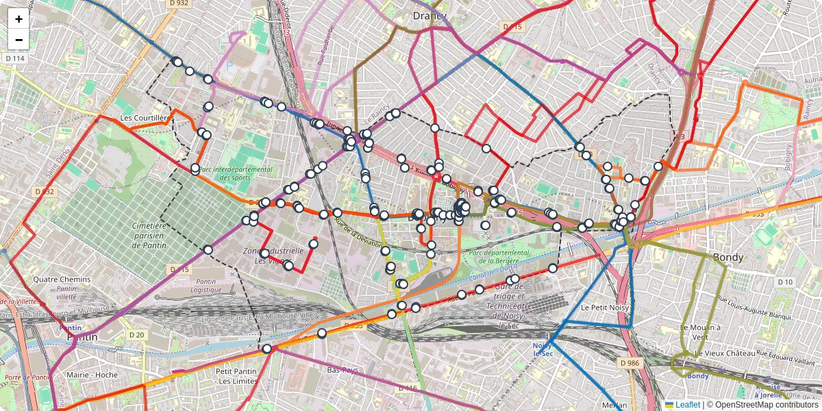 Carte du réseau de transport en commun à Bobigny - lignes de bus et arrêts