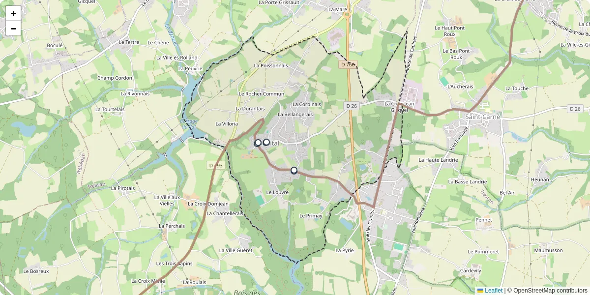 Carte du réseau de transport en commun à Bobital - lignes de bus et arrêts