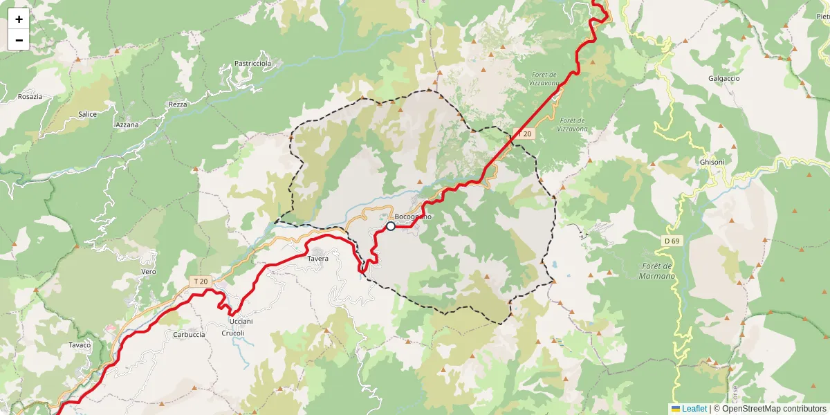 Carte du réseau de transport en commun à Bocognano - lignes de bus et arrêts