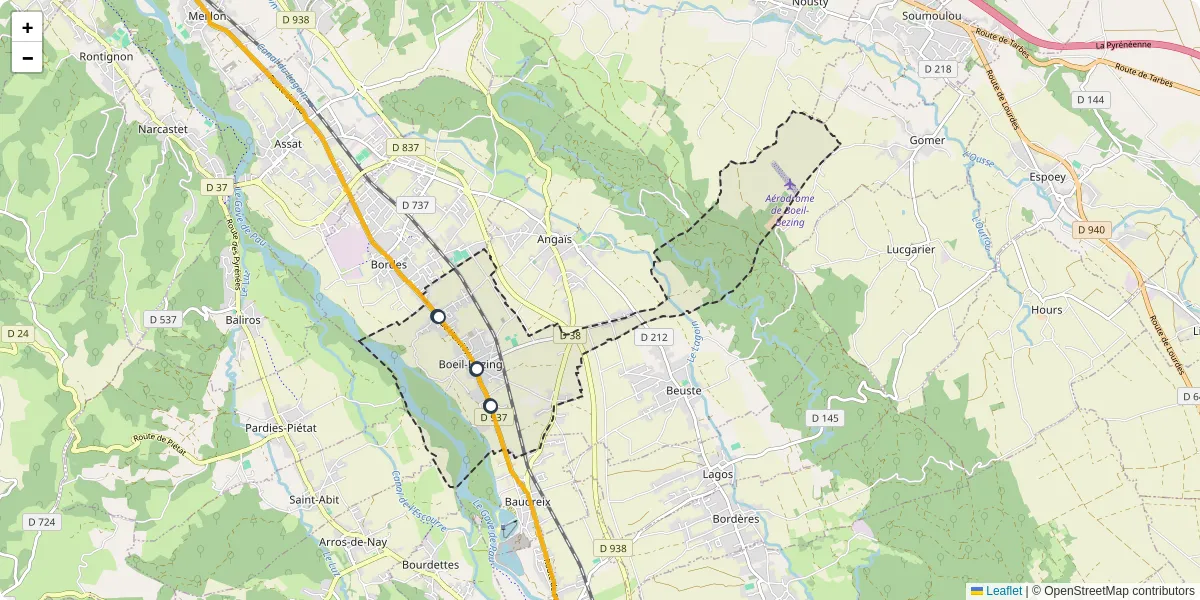 Carte du réseau de transport en commun à Boeil-Bezing - lignes de bus et arrêts