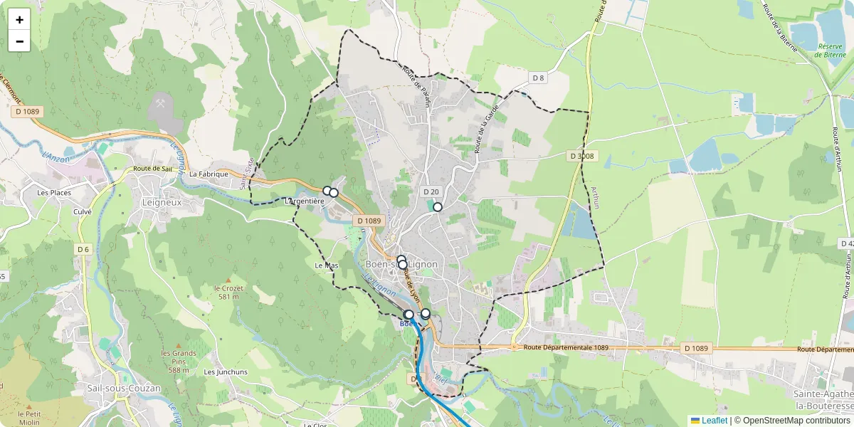 Carte du réseau de transport en commun à Boën-sur-Lignon - lignes de bus et arrêts