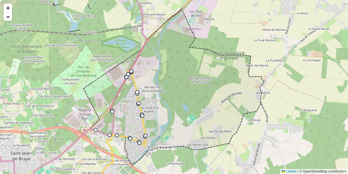 Carte du réseau de transport en commun à Boigny-sur-Bionne - lignes de bus et arrêts