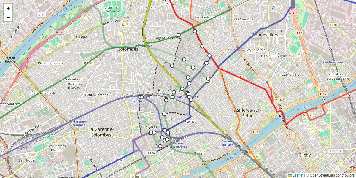 Carte du réseau de transport en commun à Bois-Colombes - lignes de bus et arrêts