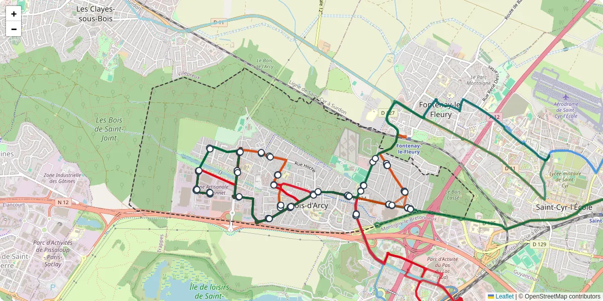 Carte du réseau de transport en commun à Bois-d'Arcy - lignes de bus et arrêts