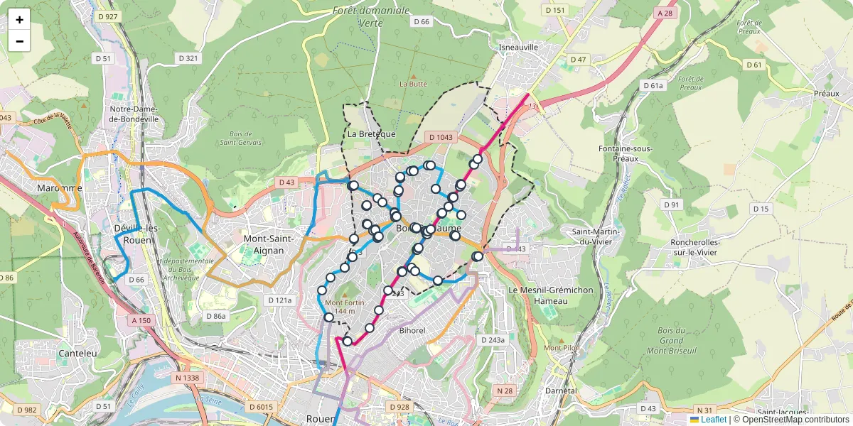 Carte du réseau de transport en commun à Bois-Guillaume - lignes de bus et arrêts