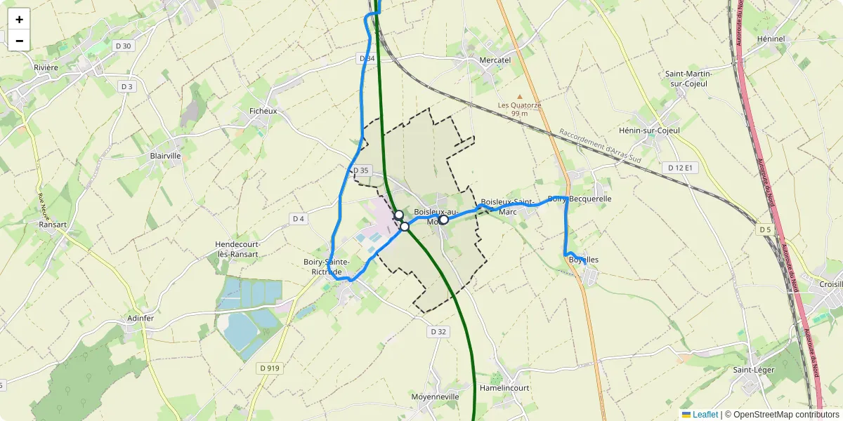 Carte du réseau de transport en commun à Boisleux-au-Mont - lignes de bus et arrêts