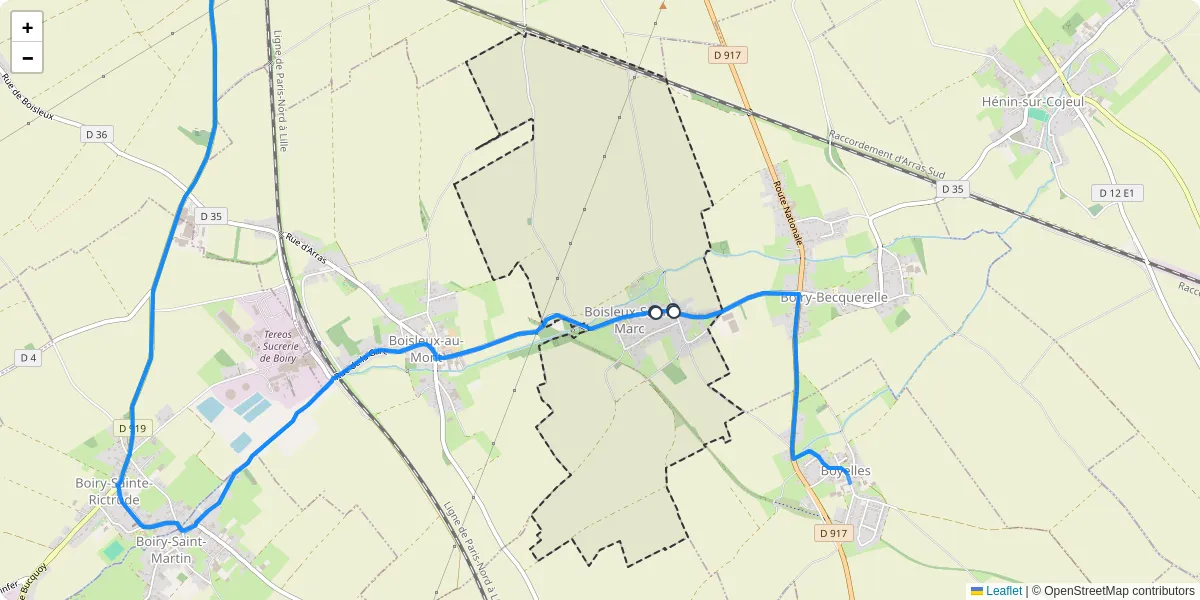Carte du réseau de transport en commun à Boisleux-Saint-Marc - lignes de bus et arrêts