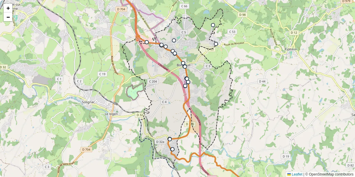 Carte du réseau de transport en commun à Boisseuil - lignes de bus et arrêts