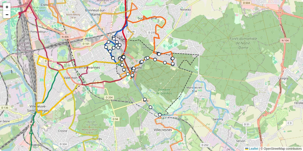 Carte du réseau de transport en commun à Boissy-Saint-Léger - lignes de bus et arrêts