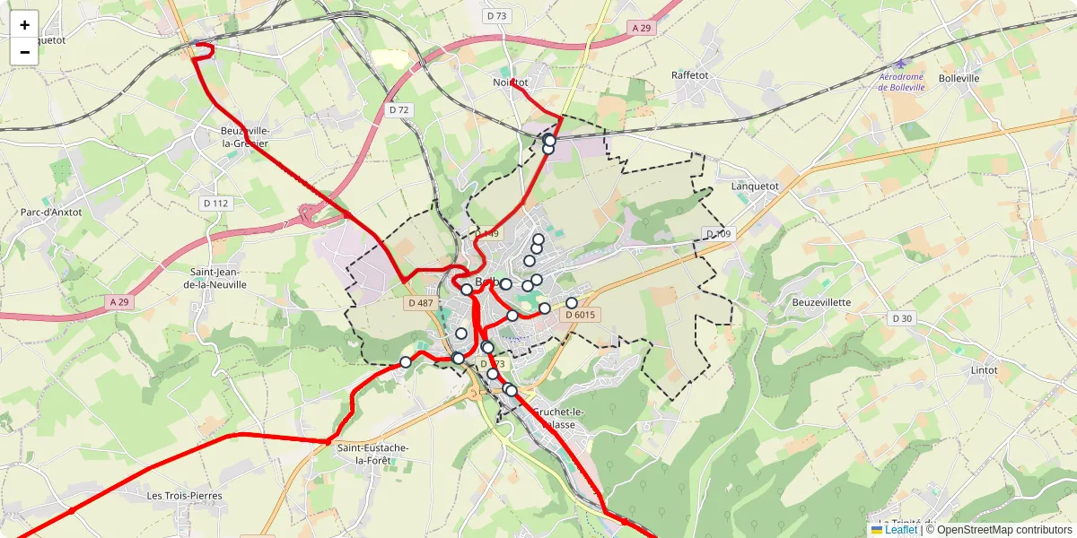 Carte du réseau de transport en commun à Bolbec - lignes de bus et arrêts