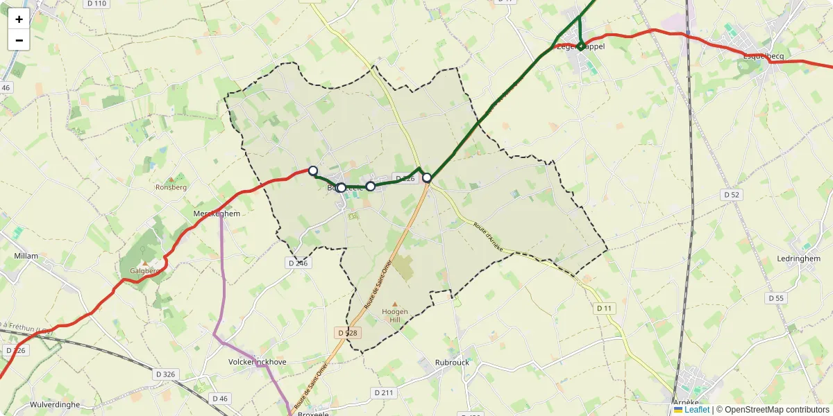 Carte du réseau de transport en commun à Bollezeele - lignes de bus et arrêts