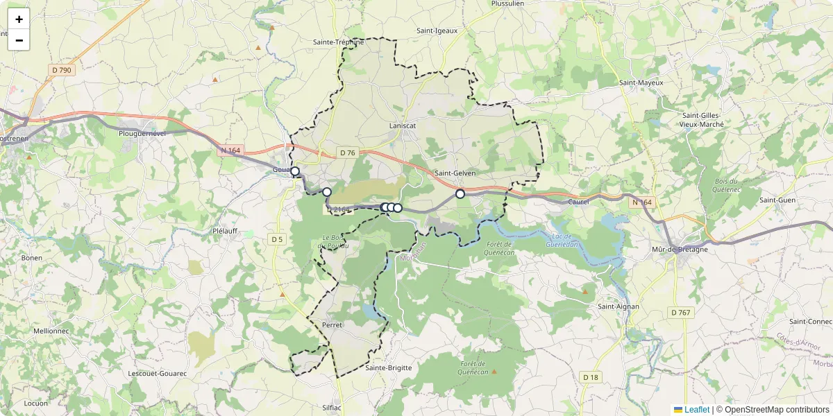 Carte du réseau de transport en commun à Bon Repos sur Blavet - lignes de bus et arrêts