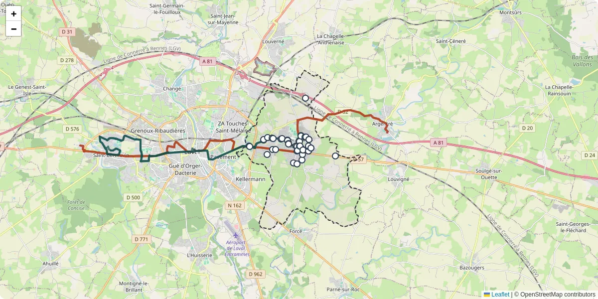 Carte du réseau de transport en commun à Bonchamp-lès-Laval - lignes de bus et arrêts