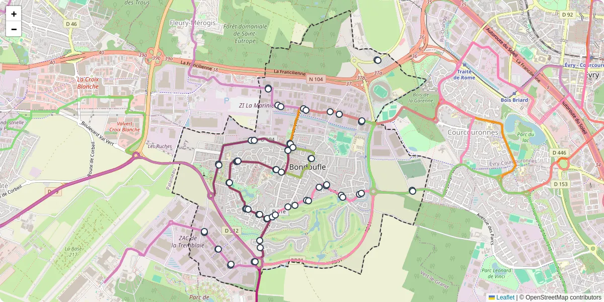 Carte du réseau de transport en commun à Bondoufle - lignes de bus et arrêts