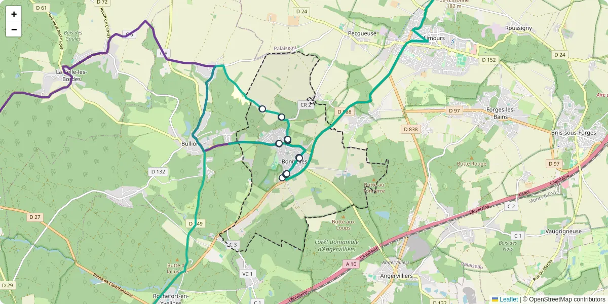 Carte du réseau de transport en commun à Bonnelles - lignes de bus et arrêts