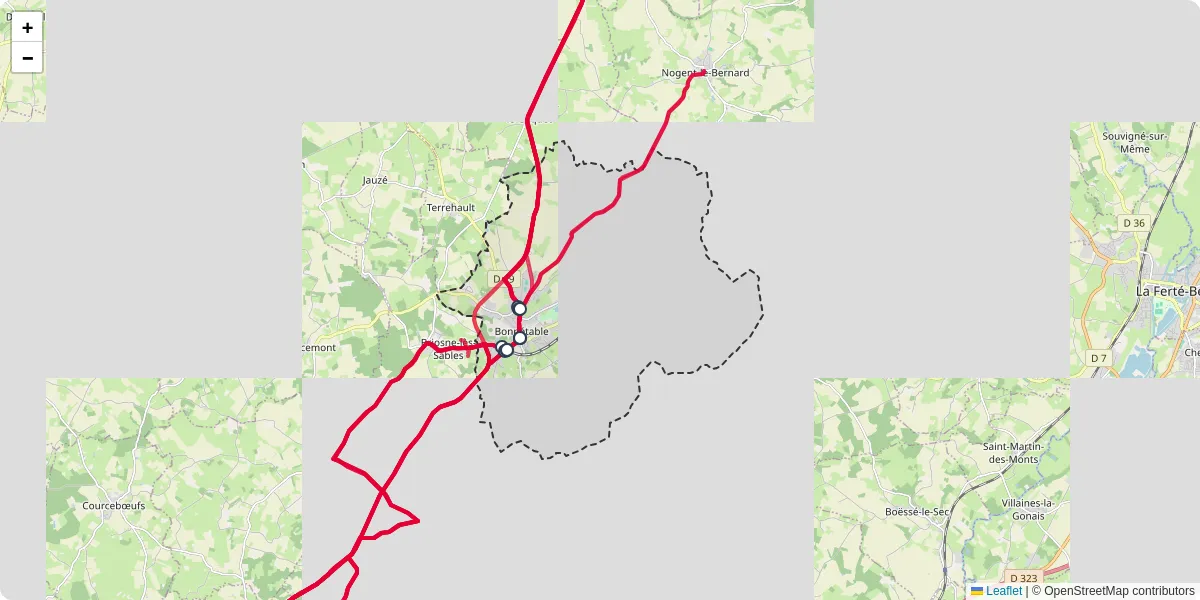 Carte du réseau de transport en commun à Bonnétable - lignes de bus et arrêts