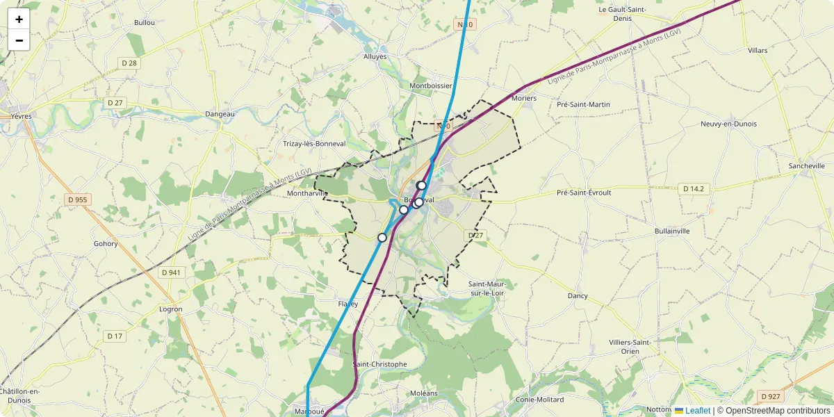 Carte du réseau de transport en commun à Bonneval - lignes de bus et arrêts