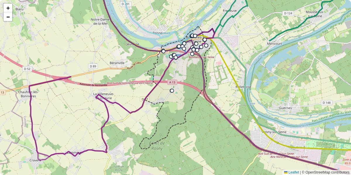 Carte du réseau de transport en commun à Bonnières-sur-Seine - lignes de bus et arrêts