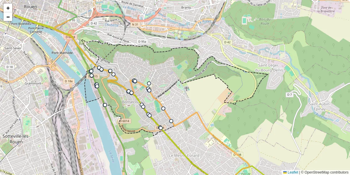 Carte du réseau de transport en commun à Bonsecours - lignes de bus et arrêts