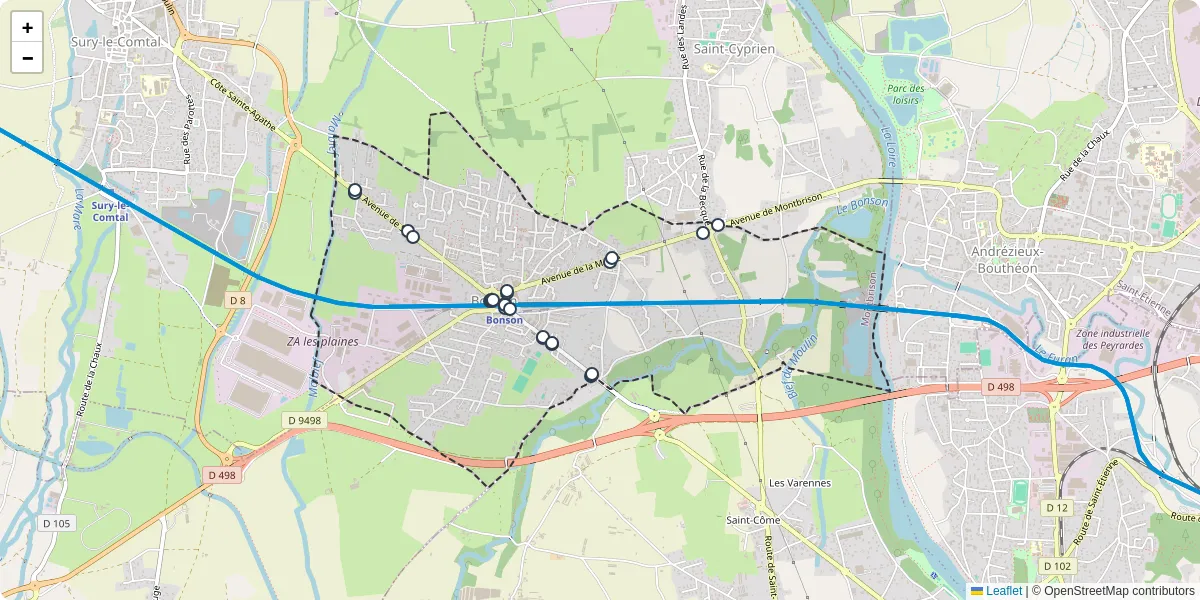 Carte du réseau de transport en commun à Bonson - lignes de bus et arrêts
