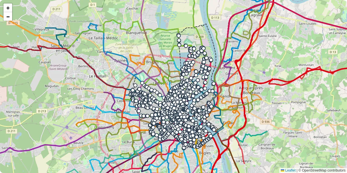 Carte du réseau de transport en commun à Bordeaux - lignes de bus et arrêts