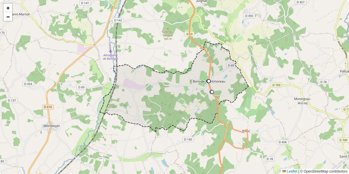 Carte du réseau de transport en commun à Bors-de-Montmoreau - lignes de bus et arrêts