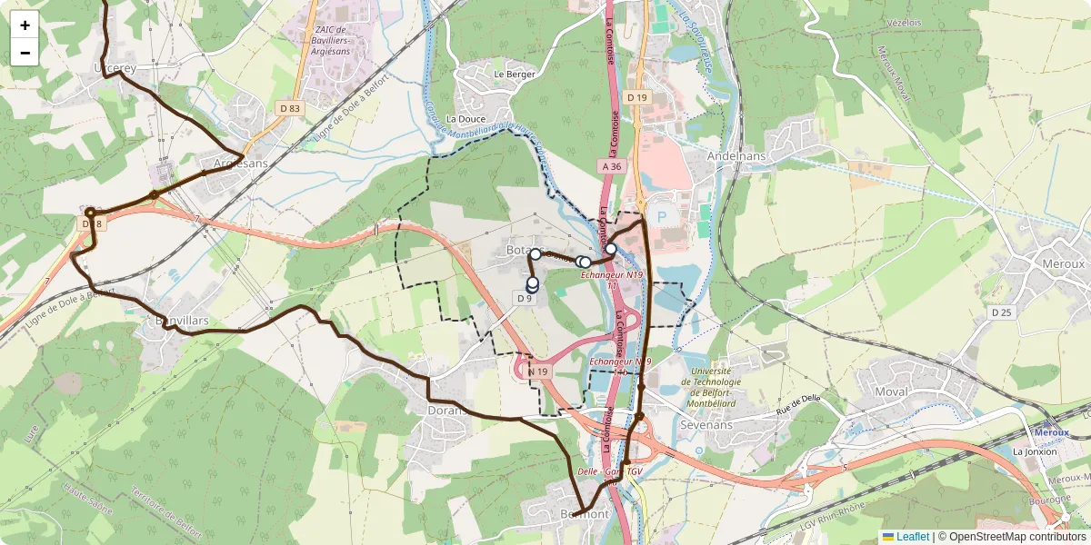 Carte du réseau de transport en commun à Botans - lignes de bus et arrêts