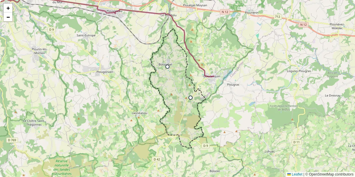 Carte du réseau de transport en commun à Botsorhel - lignes de bus et arrêts