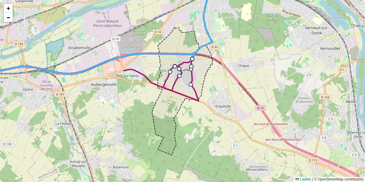 Carte du réseau de transport en commun à Bouafle - lignes de bus et arrêts
