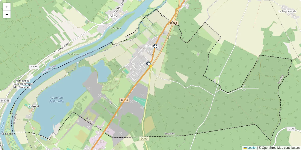 Carte du réseau de transport en commun à Bouafles - lignes de bus et arrêts