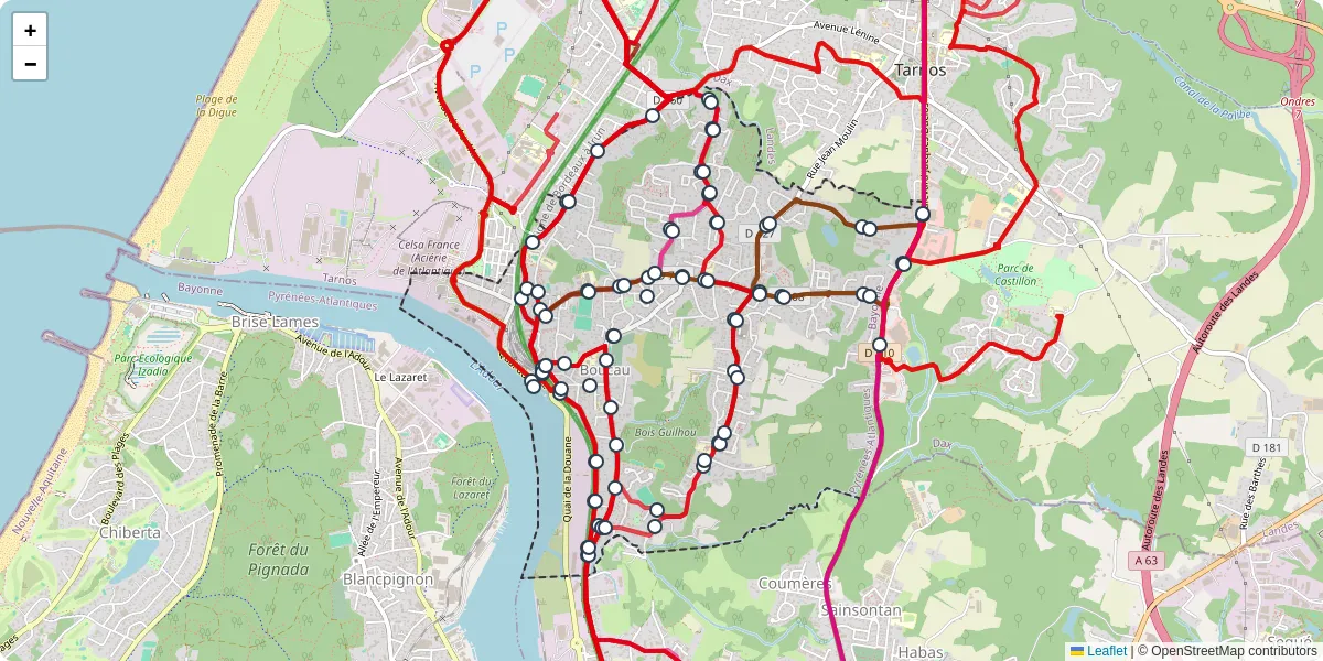 Carte du réseau de transport en commun à Boucau - lignes de bus et arrêts
