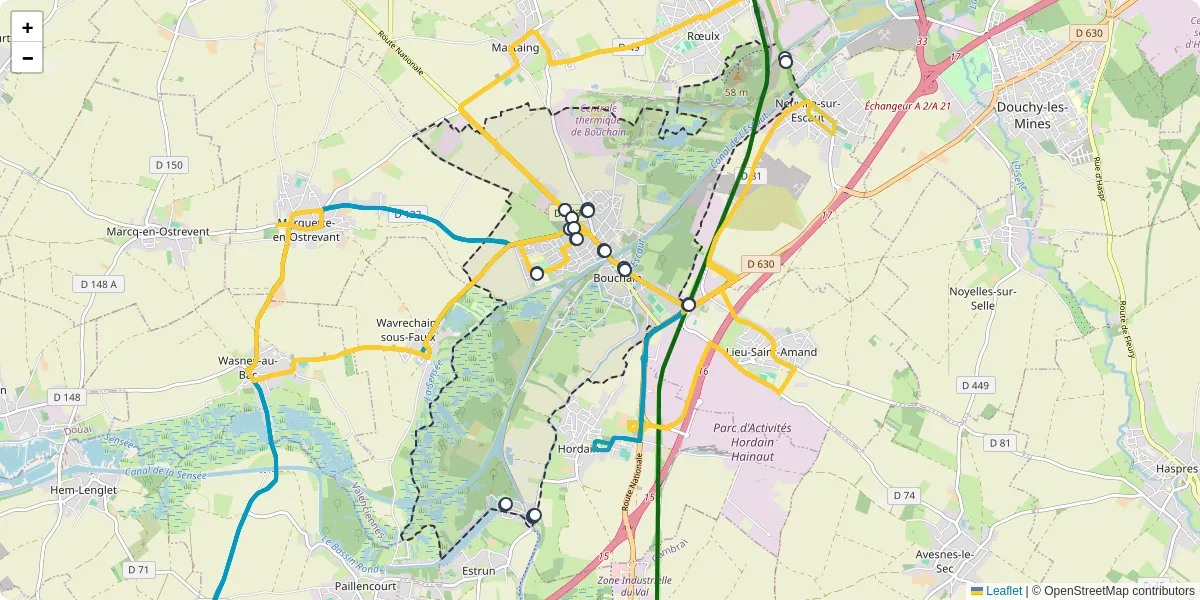 Carte du réseau de transport en commun à Bouchain - lignes de bus et arrêts