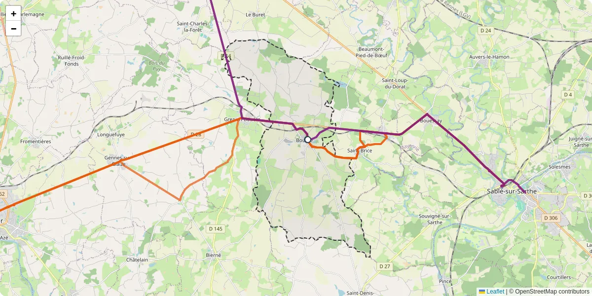 Carte du réseau de transport en commun à Bouère - lignes de bus et arrêts