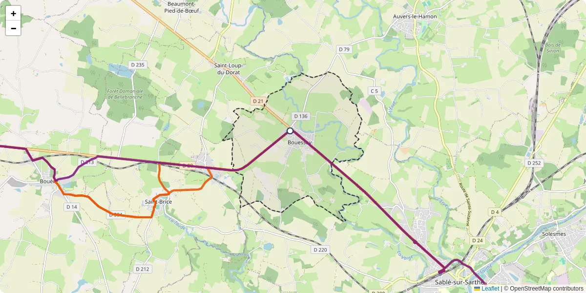 Carte du réseau de transport en commun à Bouessay - lignes de bus et arrêts
