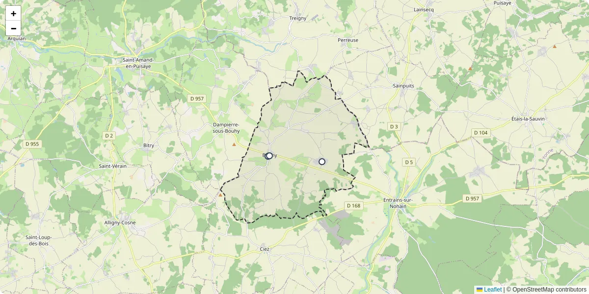 Carte du réseau de transport en commun à Bouhy - lignes de bus et arrêts