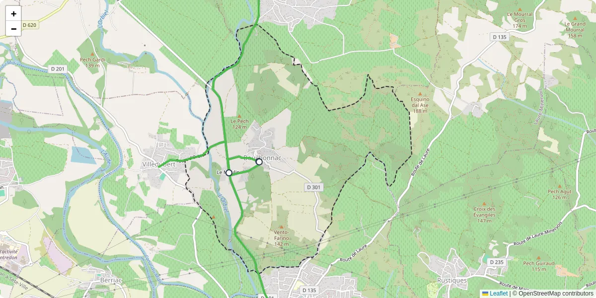 Carte du réseau de transport en commun à Bouilhonnac - lignes de bus et arrêts