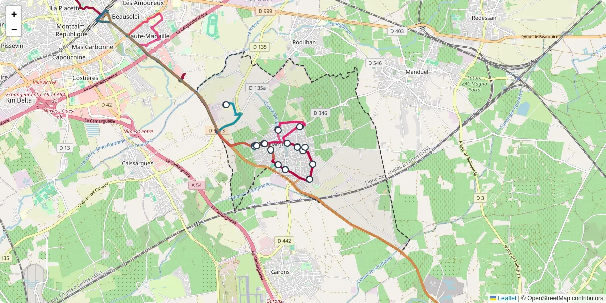 Carte du réseau de transport en commun à Bouillargues - lignes de bus et arrêts