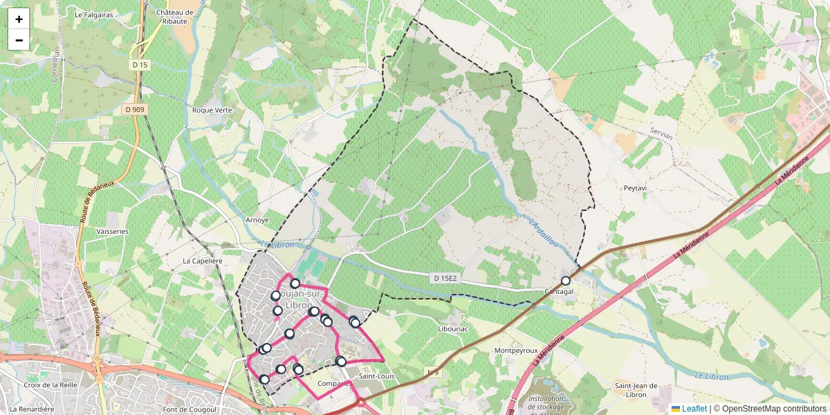 Carte du réseau de transport en commun à Boujan-sur-Libron - lignes de bus et arrêts