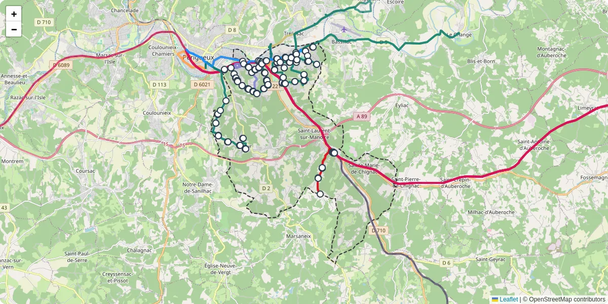 Carte du réseau de transport en commun à Boulazac Isle Manoire - lignes de bus et arrêts